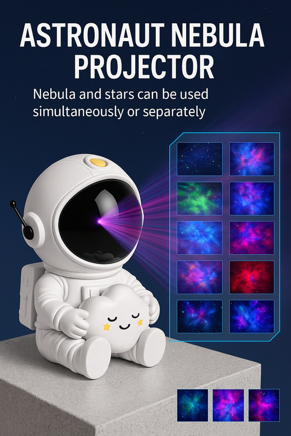 Home planetarium effect: astronaut-shaped projector for nebula and green stars in dark room
