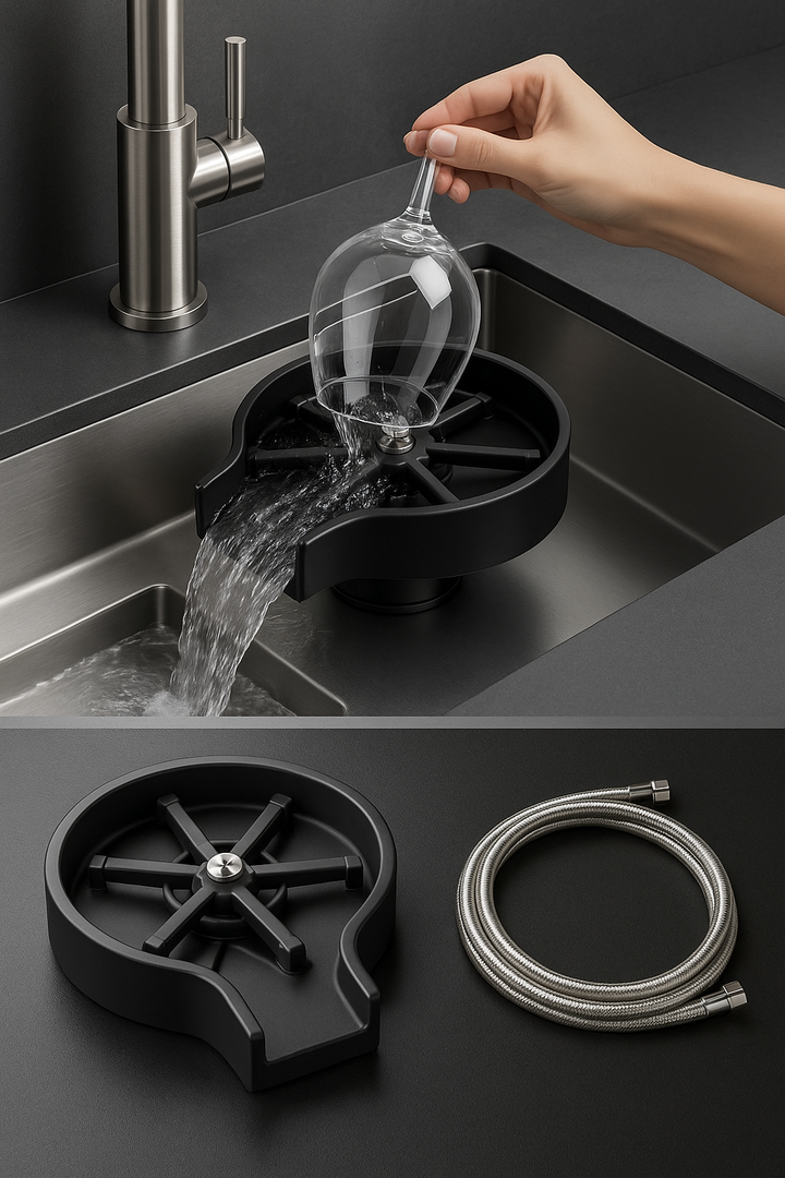 Portable dishwasher for cups and glasses running on kitchen counter