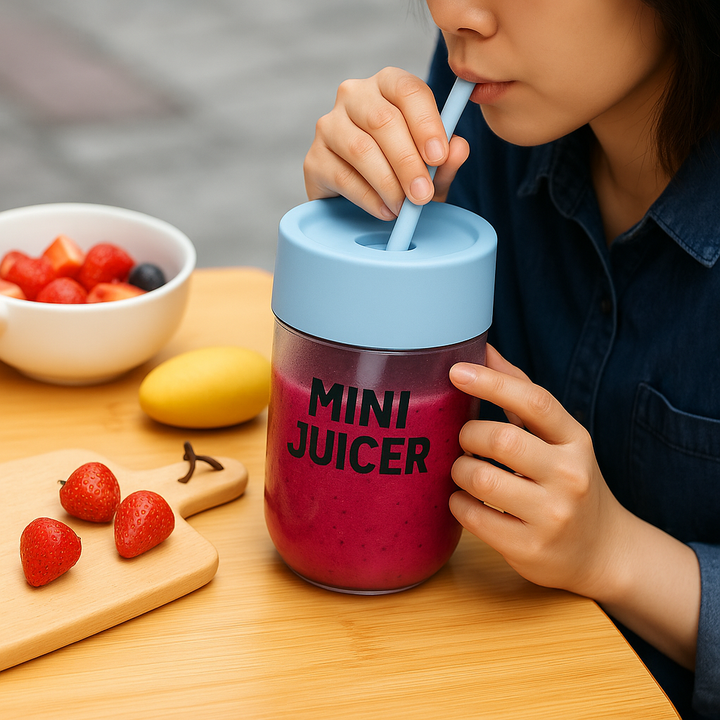 Mug-shaped Crusher Juicer portable blender with straw in random color, ideal for home and outdoor use in Pakistan.