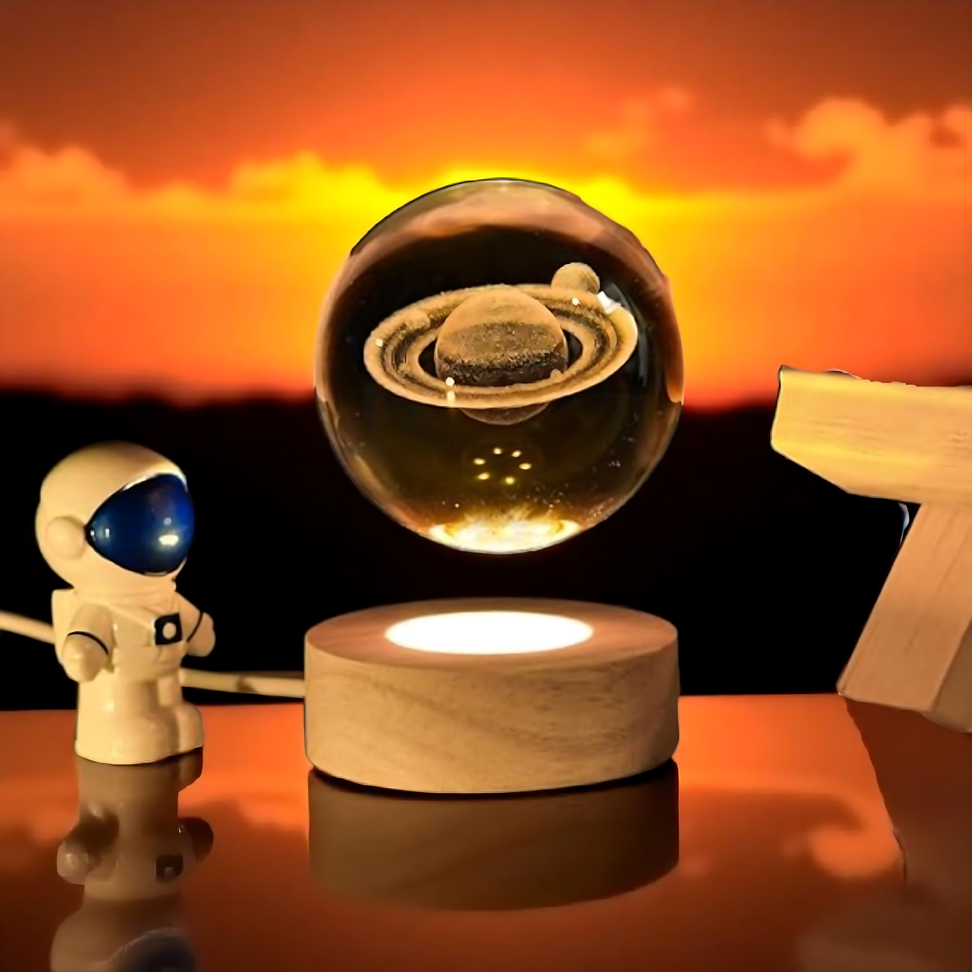 "Crystal ball with moon phase design glowing on dark stand"