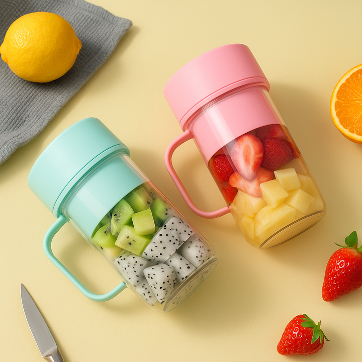 Mug-shaped Crusher Juicer portable blender with straw in random color, ideal for home and outdoor use in Pakistan.
