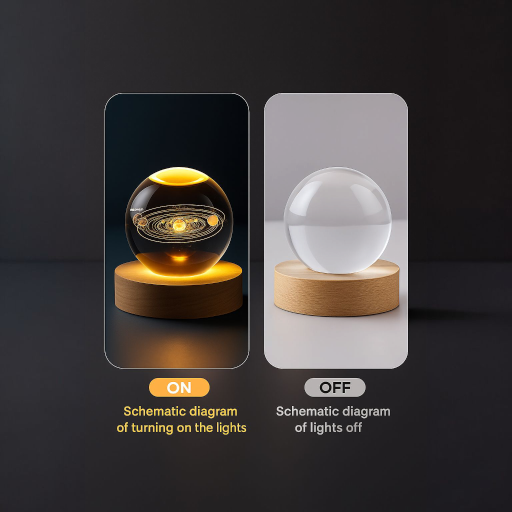 "Crystal ball with moon phase design glowing on dark stand"