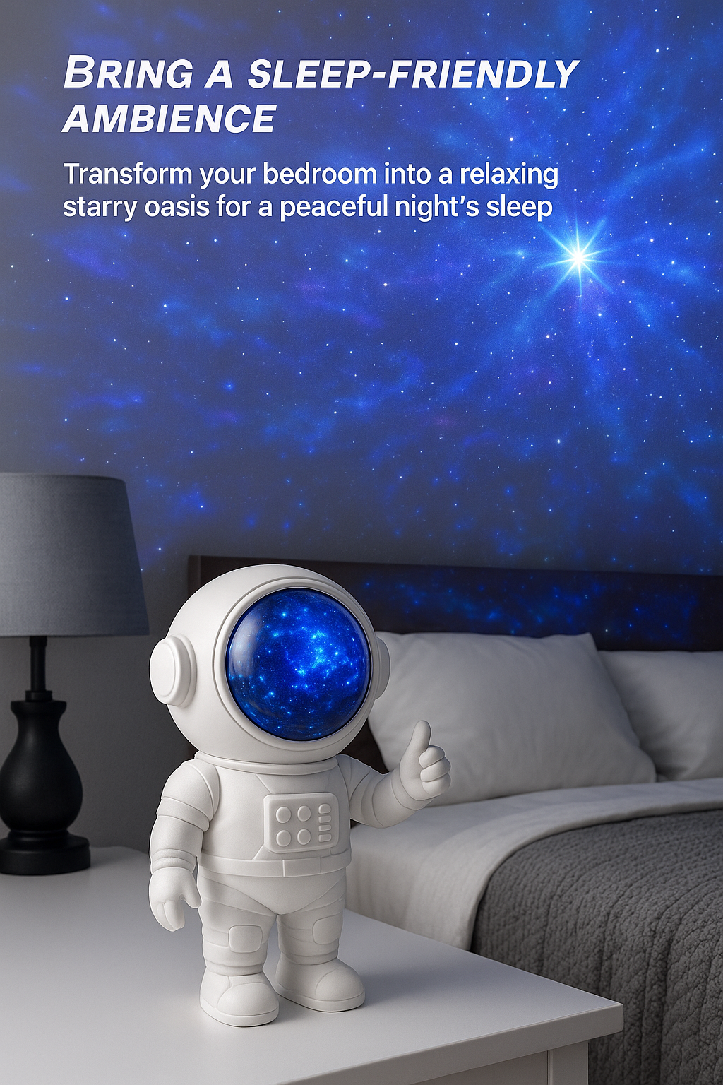 Home planetarium effect: astronaut-shaped projector for nebula and green stars in dark room