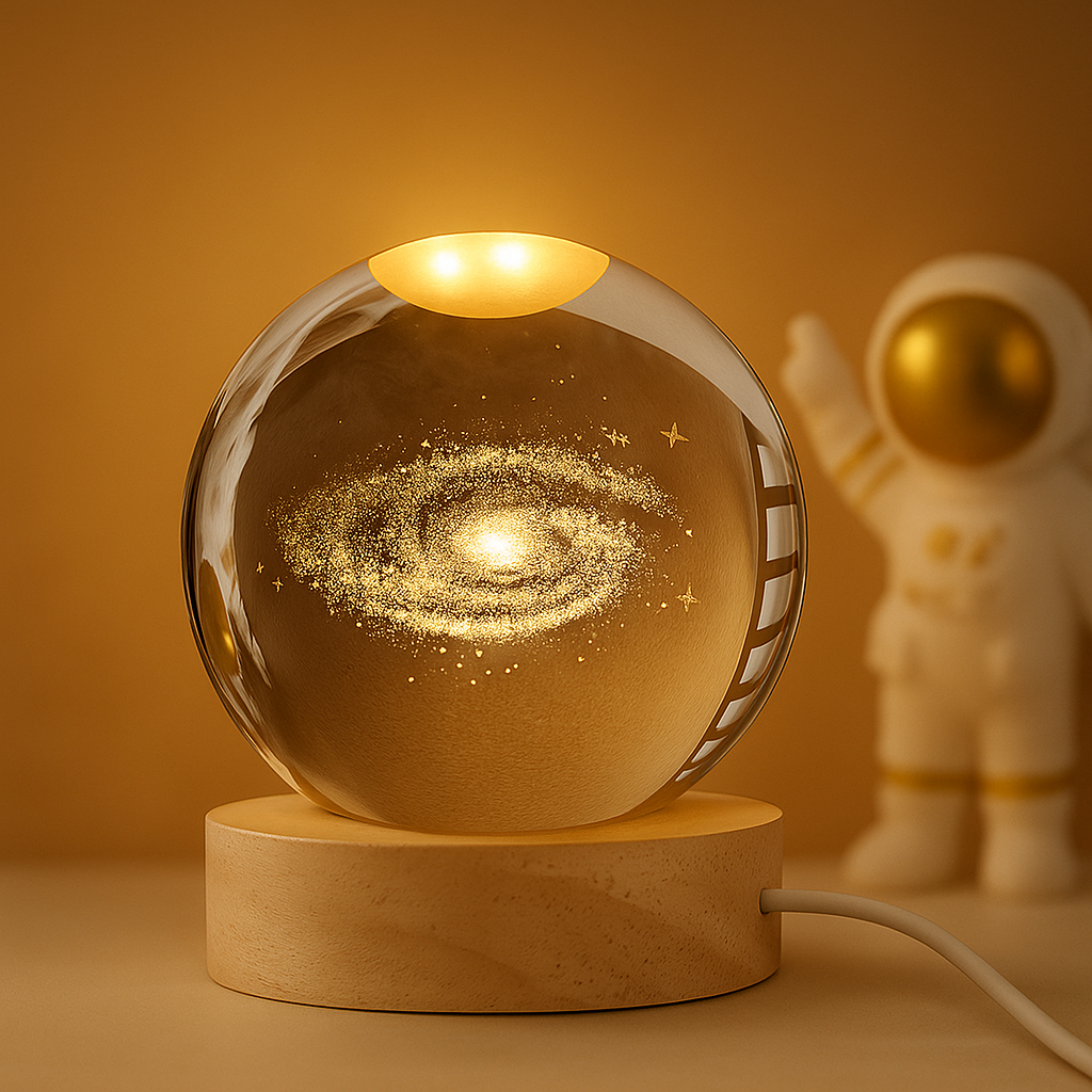 "Crystal ball with moon phase design glowing on dark stand"